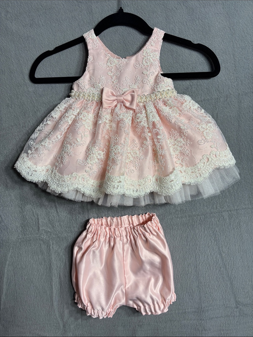 American Princess Lace Embellished Pearl/Rhinestone Detail Bow Sleeveless Dress